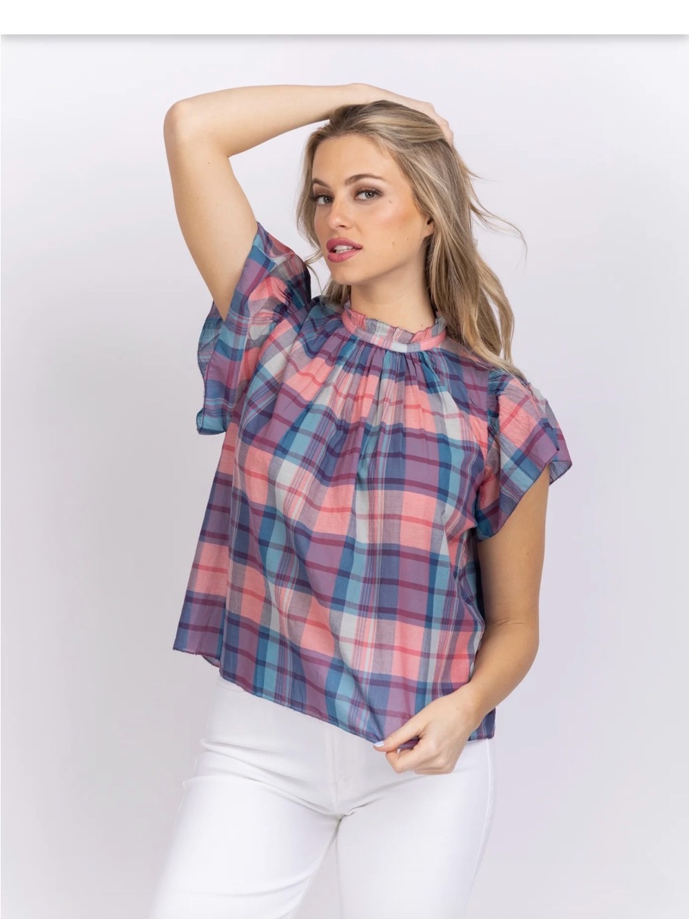Trovata Pink & Blue Plaid Short Sleeve Blouse